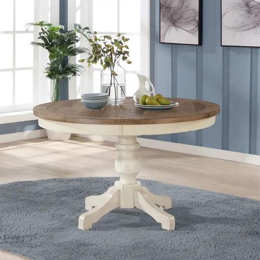 Roundhill Furniture Prato 5-Piece Round Dining Table Set with Cross Back Chairs, Antique White and Distressed Oak