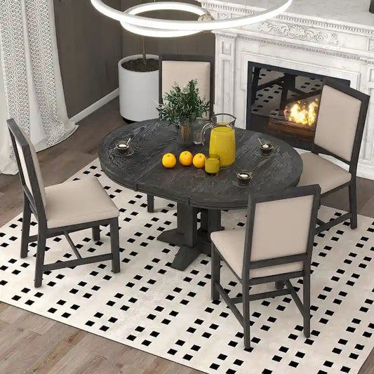 5-Piece Dining Set Extendable Round Table and 4 Upholstered Chairs Farmhouse Dining Set for Kitchen, Dining Room(Black)