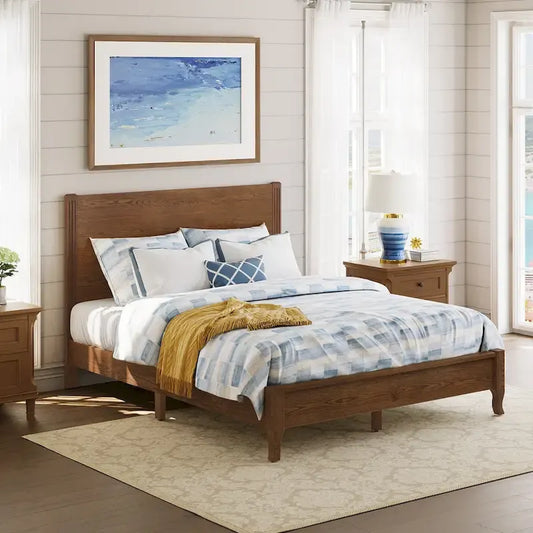 LUE BONA Solid Wood Panel Platform Bed with Headboard, Double Size Beds Wooden Rustic Bed Frame Bedroom Furniture