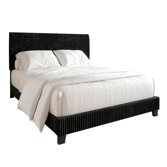 CraftPorch Corduroy 4-pieces Mid-Century Modern Black Bed with Brown Furniture Bedroom Set